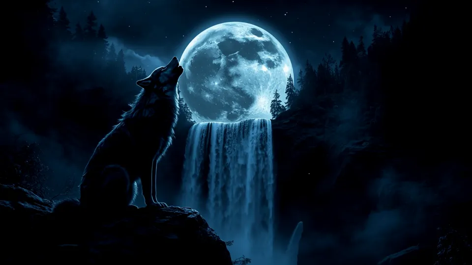 Wolf howling with moon and waterfall AMOLED wallpaper